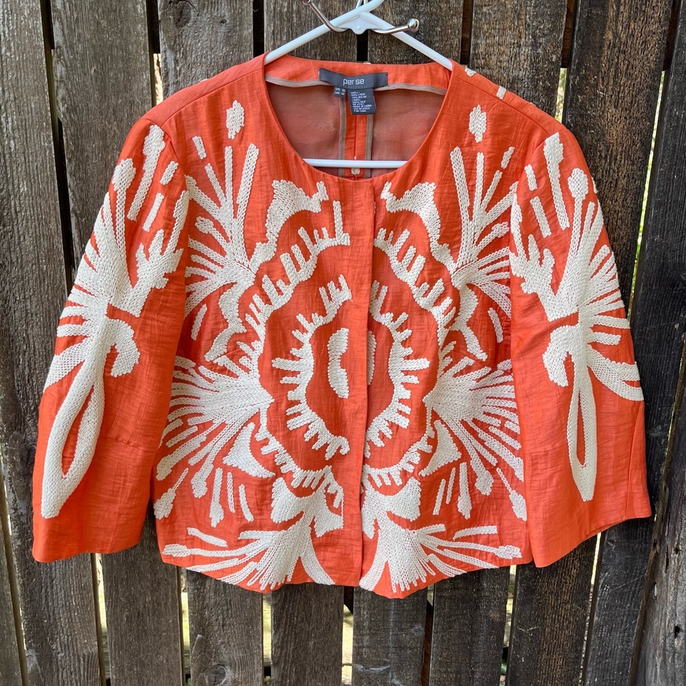 Per Se Linen Silk Embroidery Large Snap Jacket In Orange & Cream Sz 10 - Picture 10 of 16